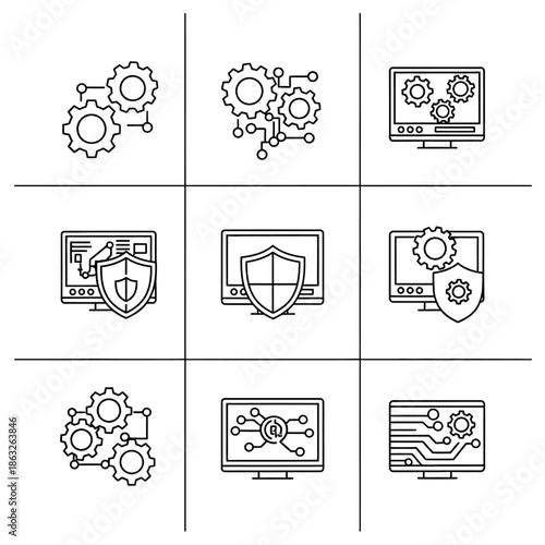 Security technology icons on screens.