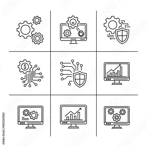 Technology icons on computer screens.