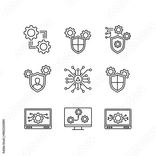 Technology icons with gears and shields.