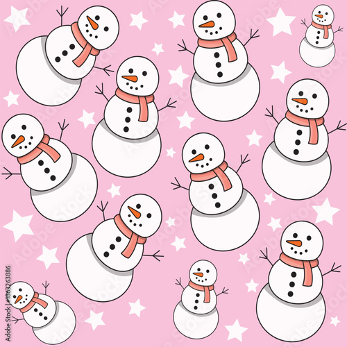 Cute Snowman Characters Wearing Scarves. Seamless repeating pattern of cheerful cartoon snowmen characters with stars.