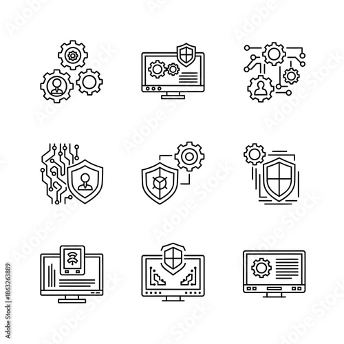 Technology security icons on screens.