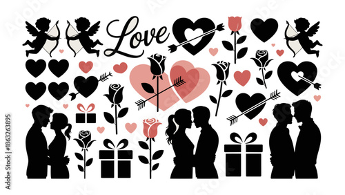 Eternal Love's Emblems: A collection of heart, rose and silhouette conveys a sense of tender affection and romantic gestures. Ideal for conveying themes of love, romance, and relationships.