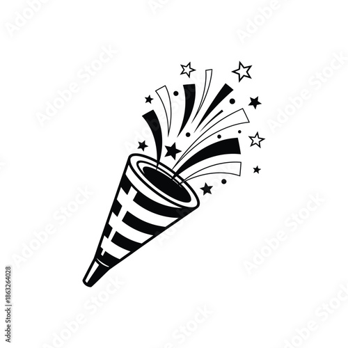 A simple black and white illustration of a party popper exploding with confetti and stars