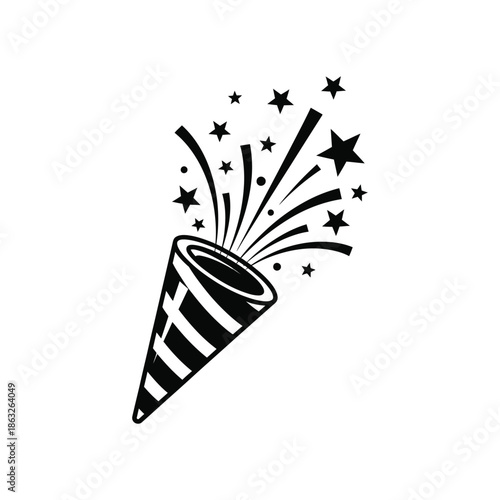 A black and white illustration depicting a party popper exploding with stars and celebratory sparkles