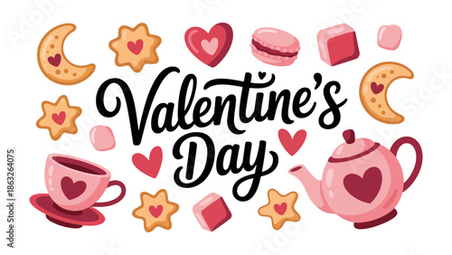 Valentine's Day Delight: A charming assortment of sweet treats and romantic elements, perfectly crafted to celebrate Valentine's Day. Featuring a playful arrangement of cookies, hearts, macarons.