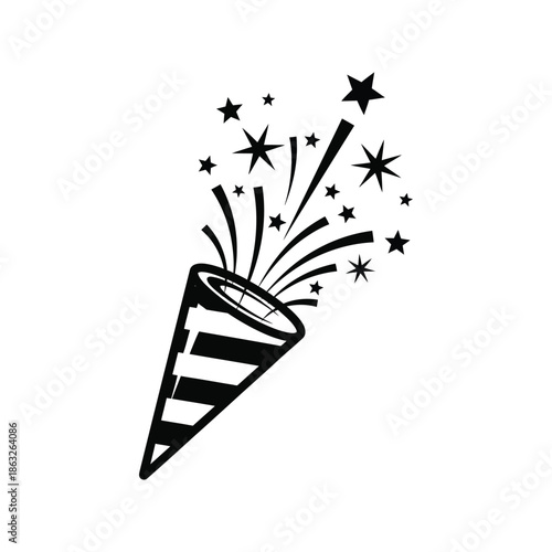 A black and white illustration depicts a party popper exploding with sparkling stars and celebratory flares