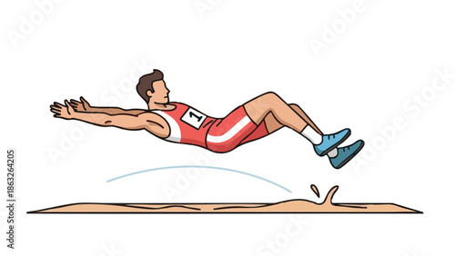 Athlete performing a long jump and landing on the sand pit in motion  