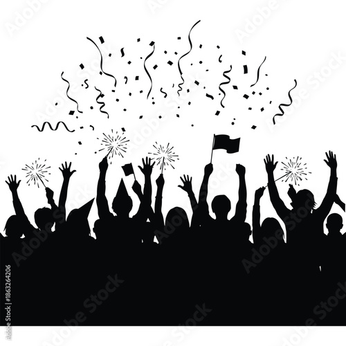 A jubilant crowd silhouetted against a backdrop of celebratory confetti and sparkling fireworks displays high quality