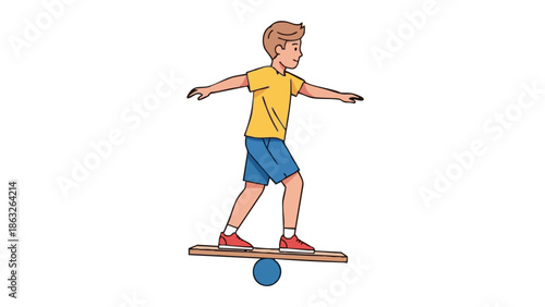 Boy balancing on a wooden board while standing on a blue ball  