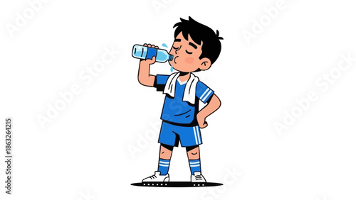 Young boy drinking water after practice in sports attire  