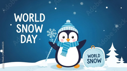 Cartoon penguin wearing a hat and scarf standing on snow with world snow day sign and snowflakes falling