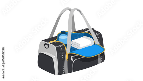 Gym bag with open zipper containing towel and water bottle  