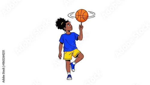 Young girl spinning basketball on finger while standing in modern outfit  