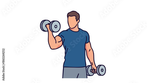 Man doing bicep curls with dumbbells in a gym environment  