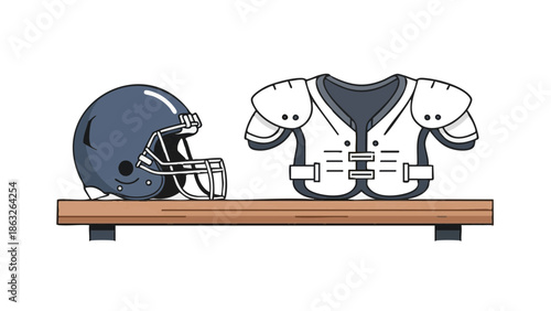 Football helmet and pads displayed on wooden shelf for sport  