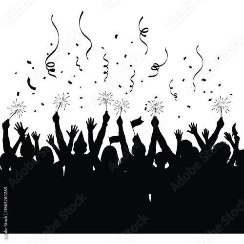 A silhouette of a celebratory crowd with raised hands and falling confetti depicting joyful excitement