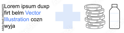 Healthcare costs, pharmaceutical industry, medication pricing, insurance, medical finance, wellness. Cross, stacked coins and medication bottle. Healthcare costs and pharmaceutical industry concept