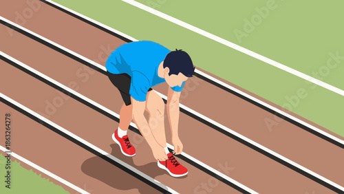 Man tying running shoes on track before exercise in sports setting  