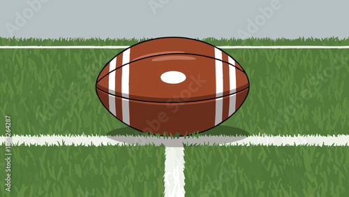 Rugby ball resting on synthetic turf field with white lines
