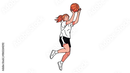 Teenage girl shooting basketball while jumping in athletic uniform  