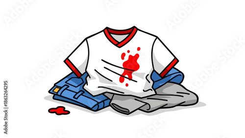 Stained jersey on pile of clothes with blue and gray fabric  