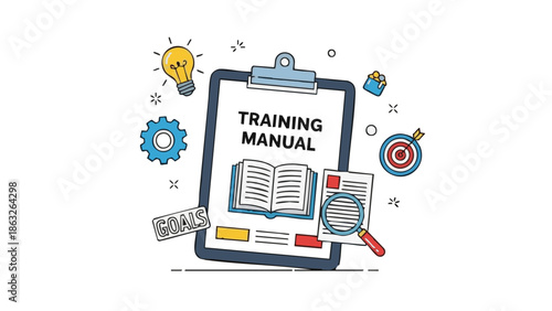 Training manual on clipboard with gears, lightbulb, and target symbols