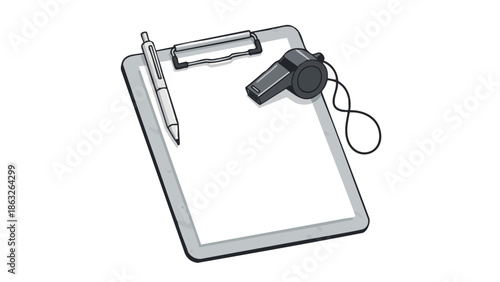 Clipboard with pen and whistle on white background for sports use  