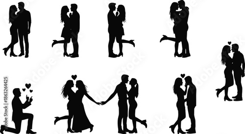 Romantic couple silhouette set showing love, kissing, proposal, intimacy, passion, relationships, dating moments, and emotional connection scenes together