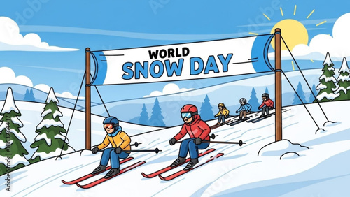 Group of cartoon skiers on a snowy slope with world snow day banner hanging above them on a sunny day