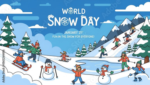 World snow day illustration with children skiing, snowmen and snowboarding on a snowy mountain slope