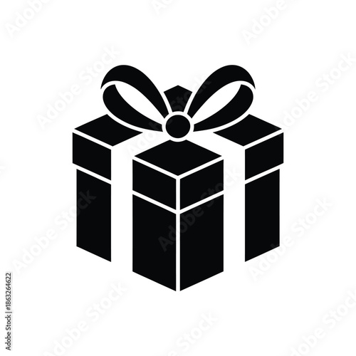 A simple black and white illustration of a gift box with a bow