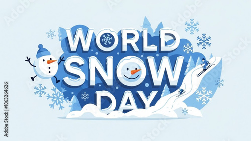 World snow day celebration with happy snowmen and snowy landscape with snowman