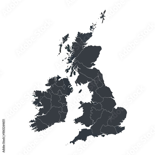 A striking black silhouette depicts the geographical outline of the united kingdom and ireland islands
