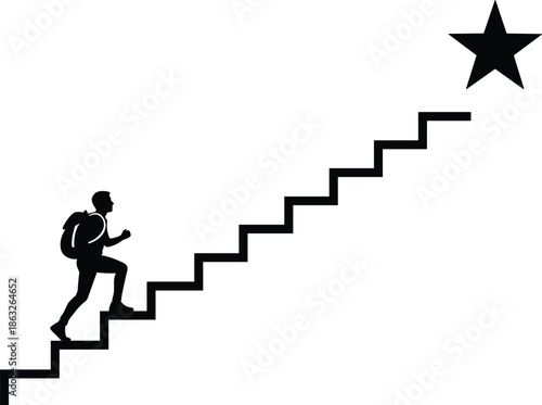 Silhouette of determined hiker climbing stairs toward star symbolizing success, ambition, career growth, motivation, achievement, and personal development journey