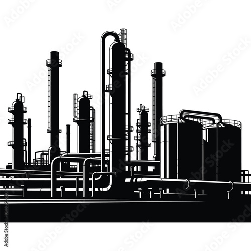 A stark black and white illustration depicts a complex industrial refinery with numerous towers and pipes
