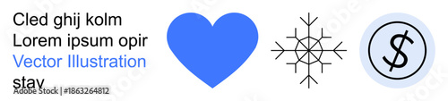 Finance, winter, love, economics, savings cold weather. Blue heart next to a snowflake and a dollar symbol. Finance and winter concepts visually. Line metaphor. Simple line icons