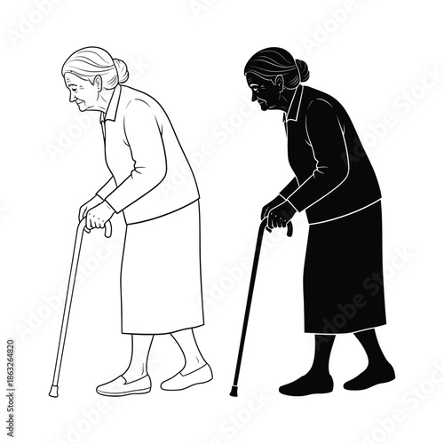 A detailed illustration showcasing an elderly woman leaning on a walking cane presented in two contrasting styles