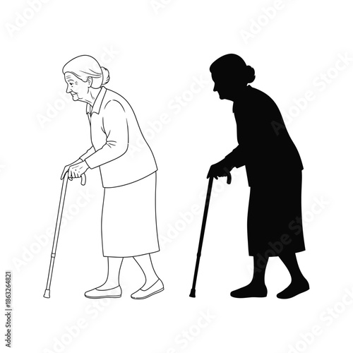 Two depictions of an elderly woman with a walking cane one outlined and one as a silhouette