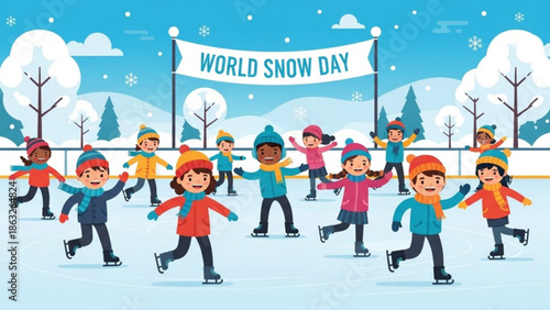 Group of happy children ice skating together on frozen pond with world snow day banner in winter landscape