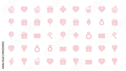 Elegant Valentine's Icons: a harmonious arrangement of delicately styled Valentine's Day symbols, each a celebration of love and devotion.