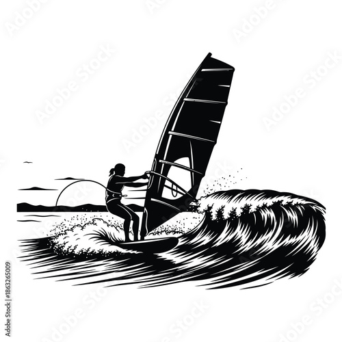 A dynamic black and white illustration depicts a windsurfer riding waves under a setting sun