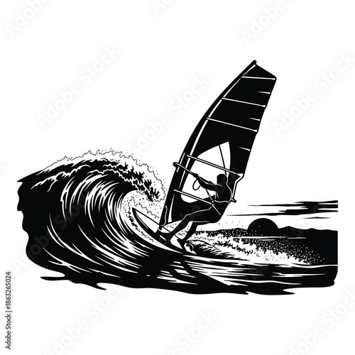 A dynamic black and white illustration depicts a windsurfer riding a large ocean wave at sunset