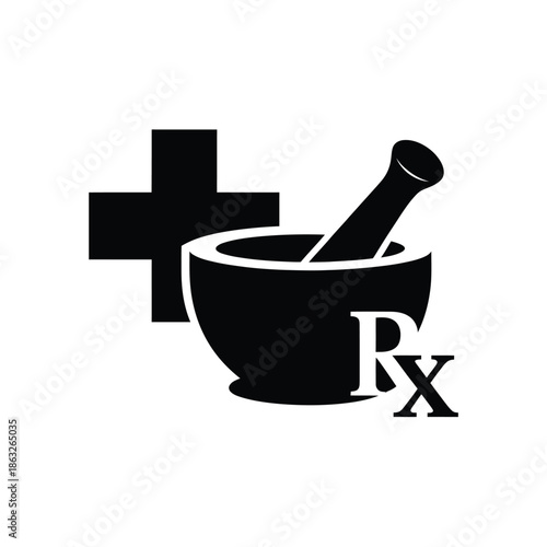 Pharmacy symbol featuring a mortar pestle and medical cross with rx sign
