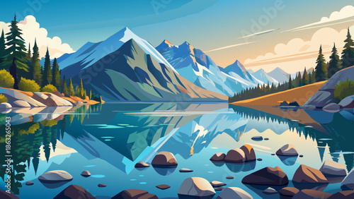 A serene alpine lake surrounded by snow-capped mountains, with a clear reflection of the landscape on the calm water surface. The foreground features smooth rocks and pebbles in the shallow wate.