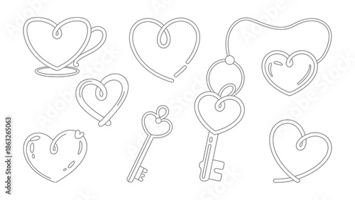 Love's Symbolic Collection: An elegant illustration showcases a collection of hearts and keys, each crafted with flowing lines, representing love's multifaceted journey.