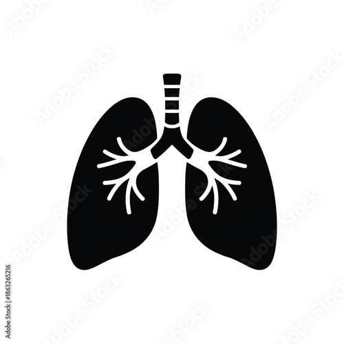 A simple black and white illustration of human lungs and airway