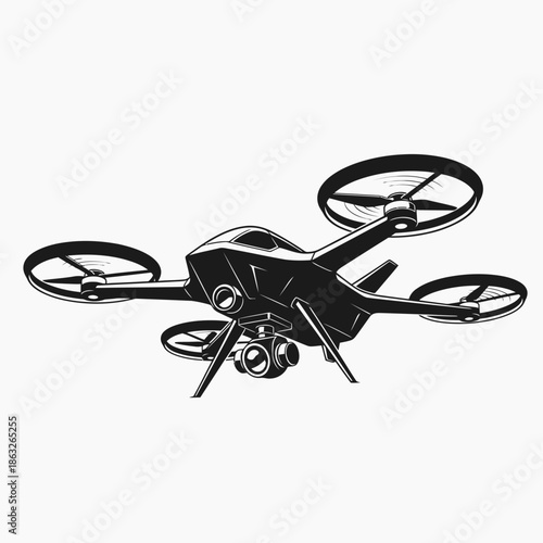 Drone with four rotor blades flying.