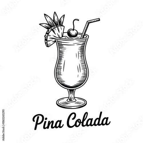 A refreshing pina colada illustration with fruit garnish and straw