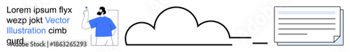 Cloud technology, online storage, data transfer, digital communication, file sharing, digital illustration. A styled character sending data to a cloud with document . Cloud technology and digital