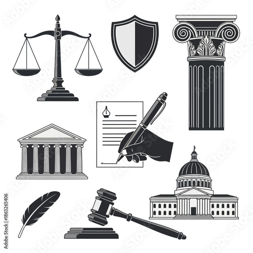 Justice law and legal system icons.